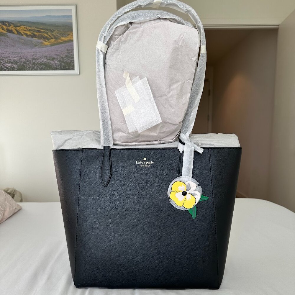 NWT Kate Spade Dana Tote Top Zip Shoulder Bag Black Yellow Flower Charm Dangle